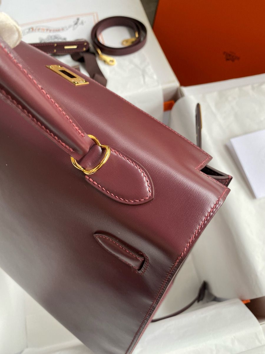 Hermes Kelly Sellier 35 Handmade Bag In Bordeaux Box Calfskin - Image 7