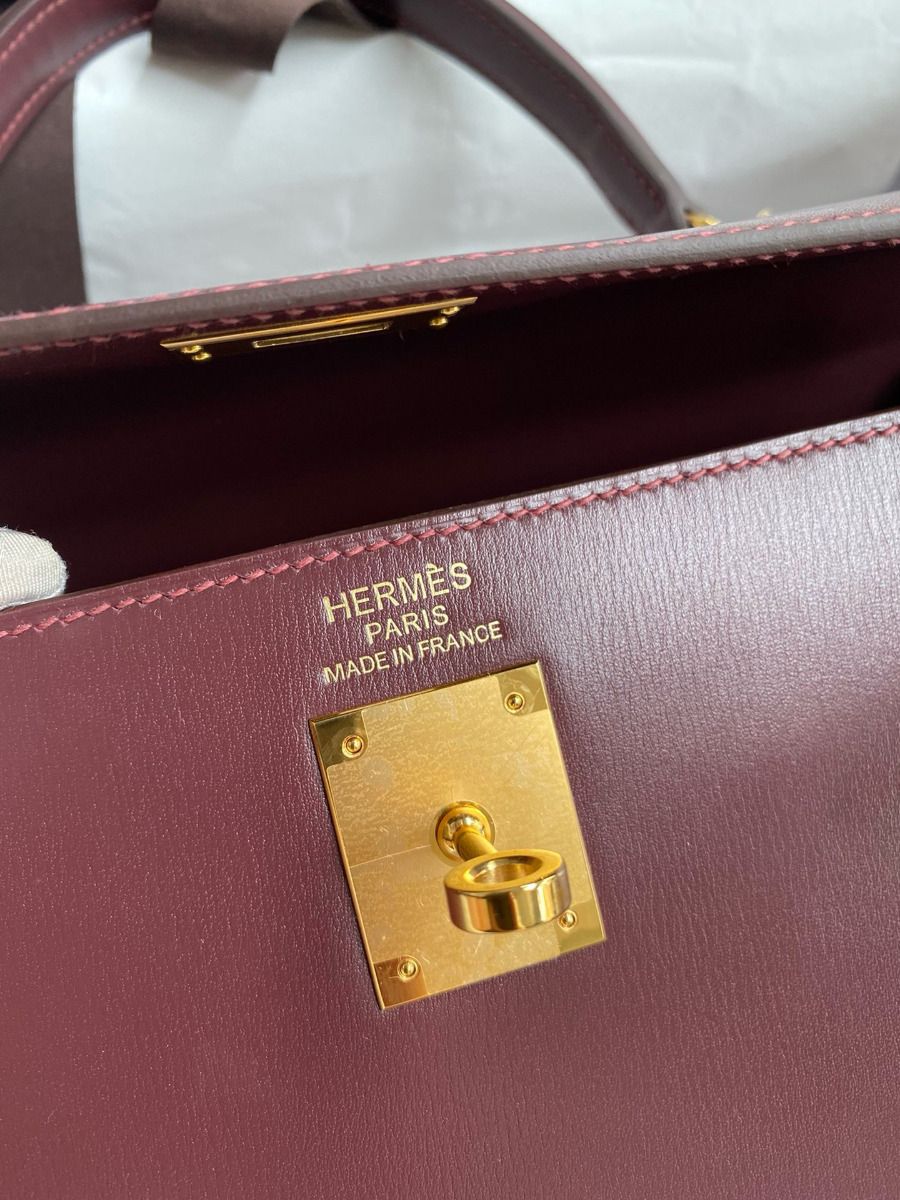 Hermes Kelly Sellier 35 Handmade Bag In Bordeaux Box Calfskin - Image 8