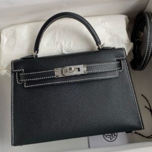 Hermes Kelly Mini II Sellier Verso Handmade Bag in Black and Blue Brume Epsom Calfskin