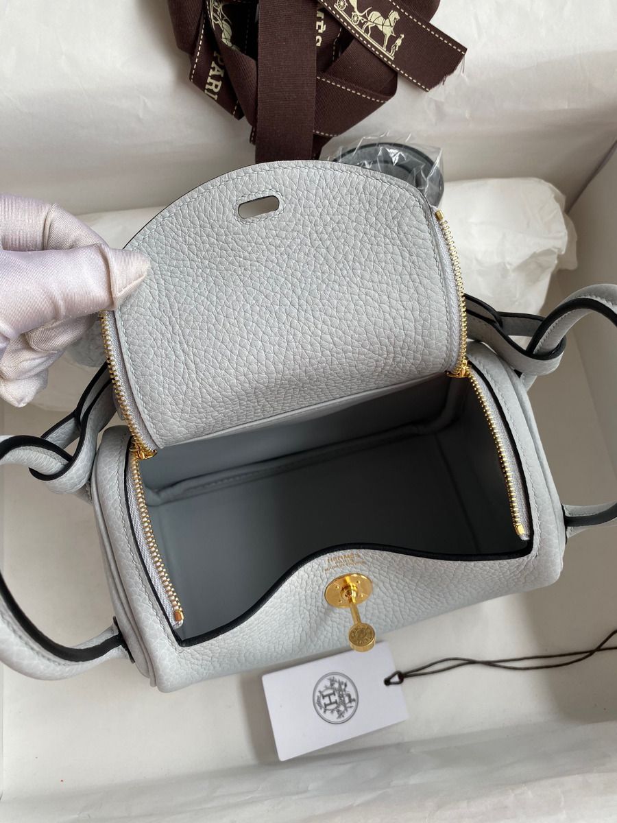 Hermes Mini Lindy Handmade Bag In Blue Brume Clemence Leather - Image 8