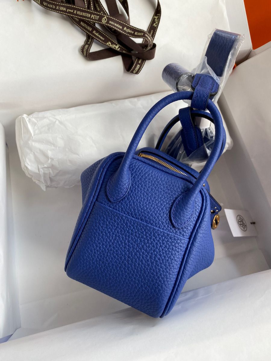 Hermes Mini Lindy Handmade Bag In Blue Electric Clemence Leather - Image 3