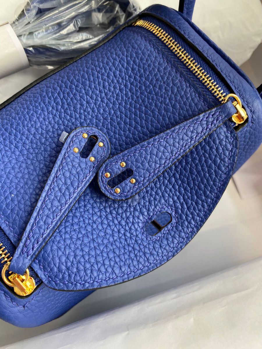 Hermes Mini Lindy Handmade Bag In Blue Electric Clemence Leather - Image 6