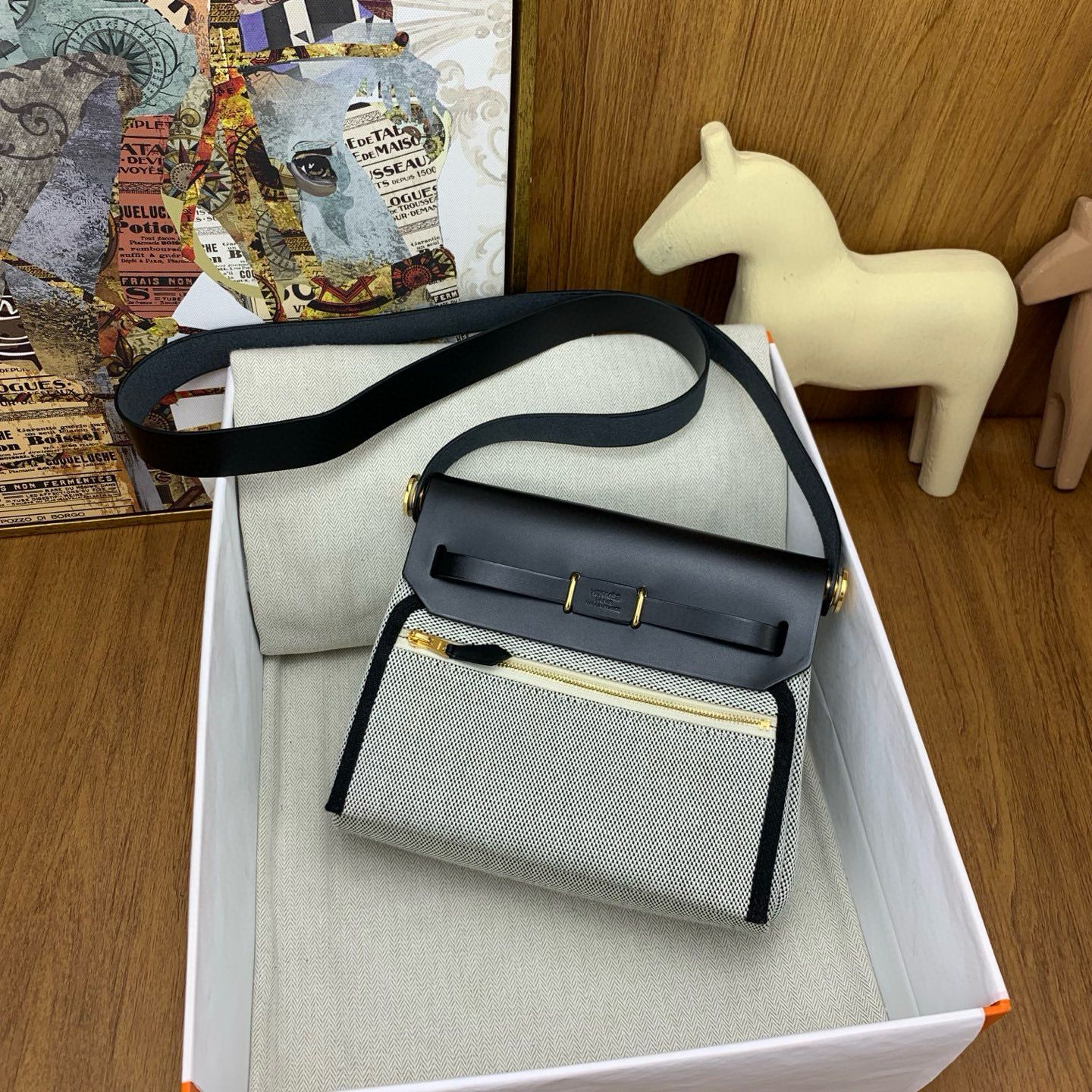 Hermes Herbag Zip 20 Bag in Grey Canvas and Black Hunter Calfskin - Image 5