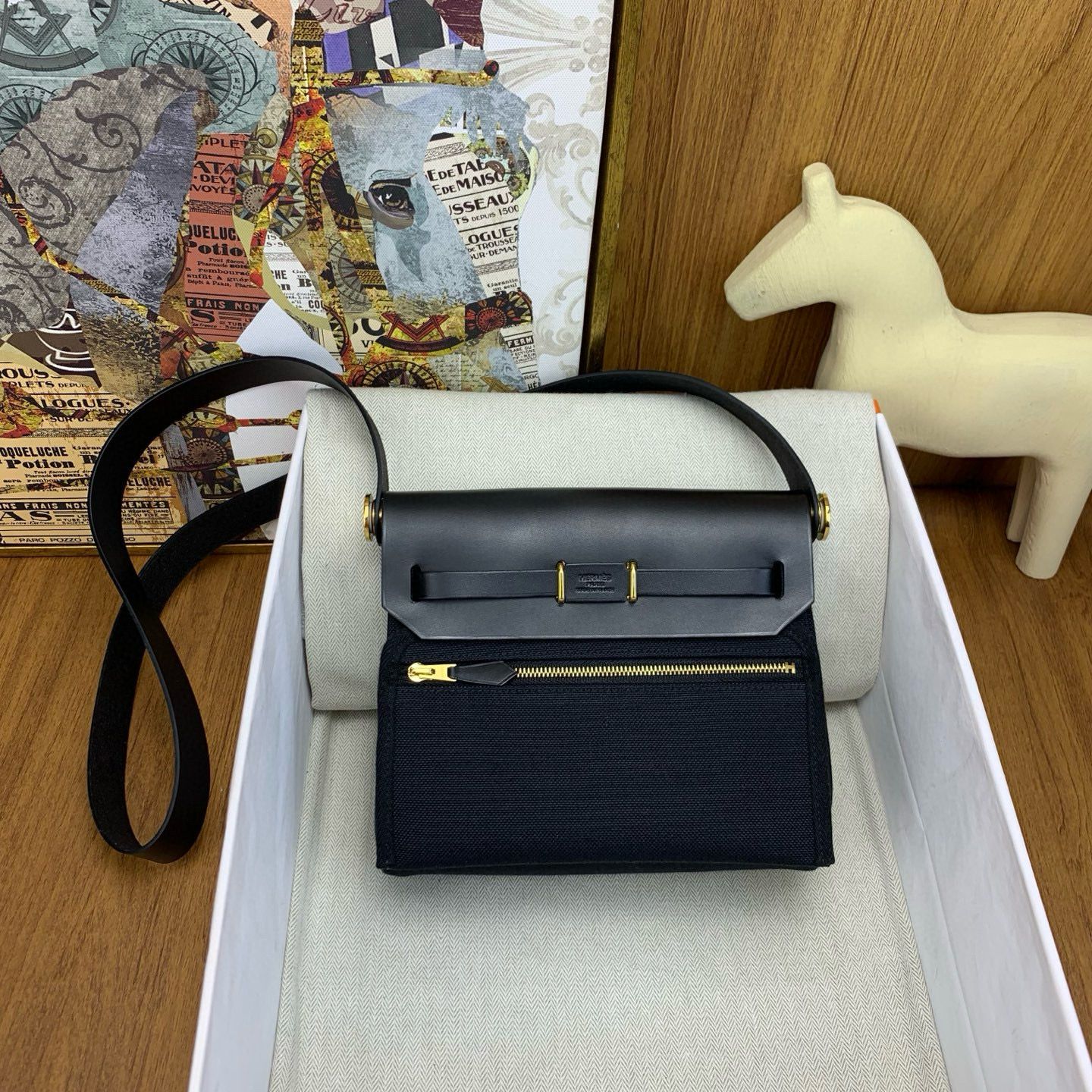 Hermes Herbag Zip 20 Bag in Black Canvas and Black Hunter Calfskin - Image 3