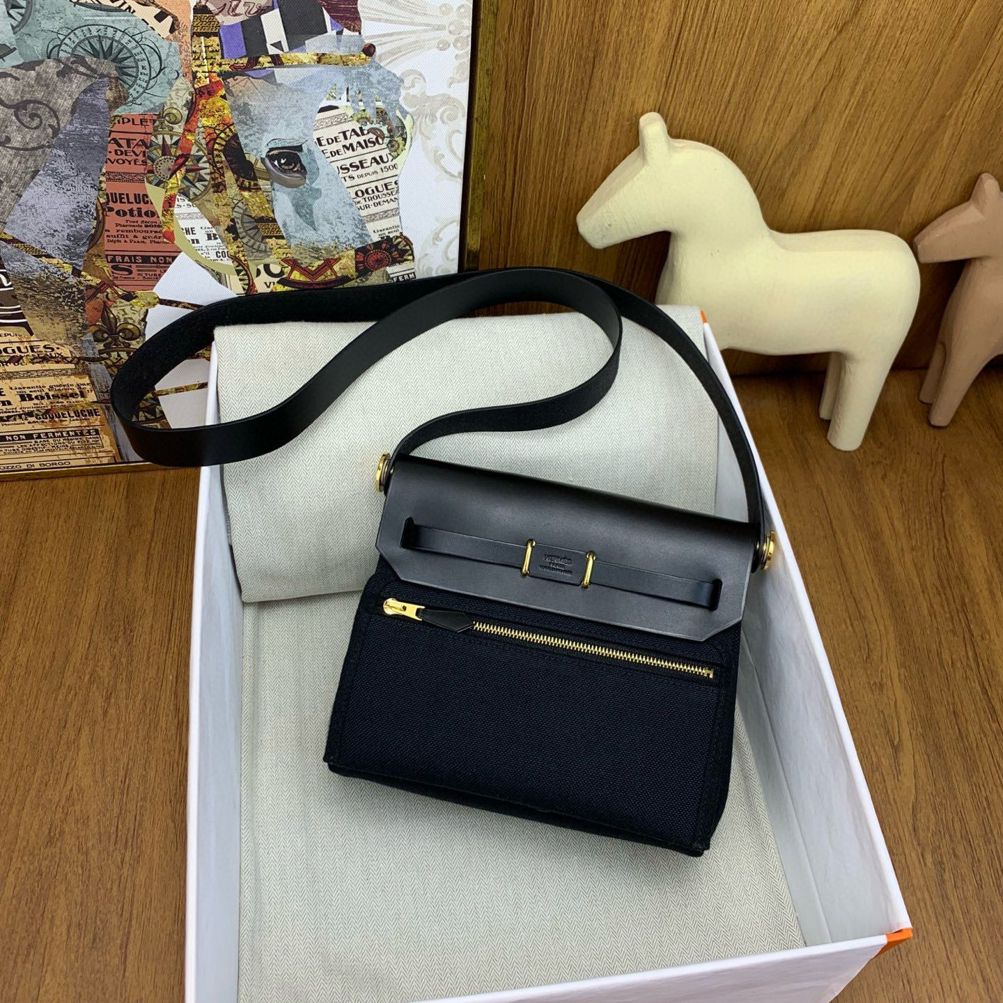 Hermes Herbag Zip 20 Bag in Black Canvas and Black Hunter Calfskin - Image 5