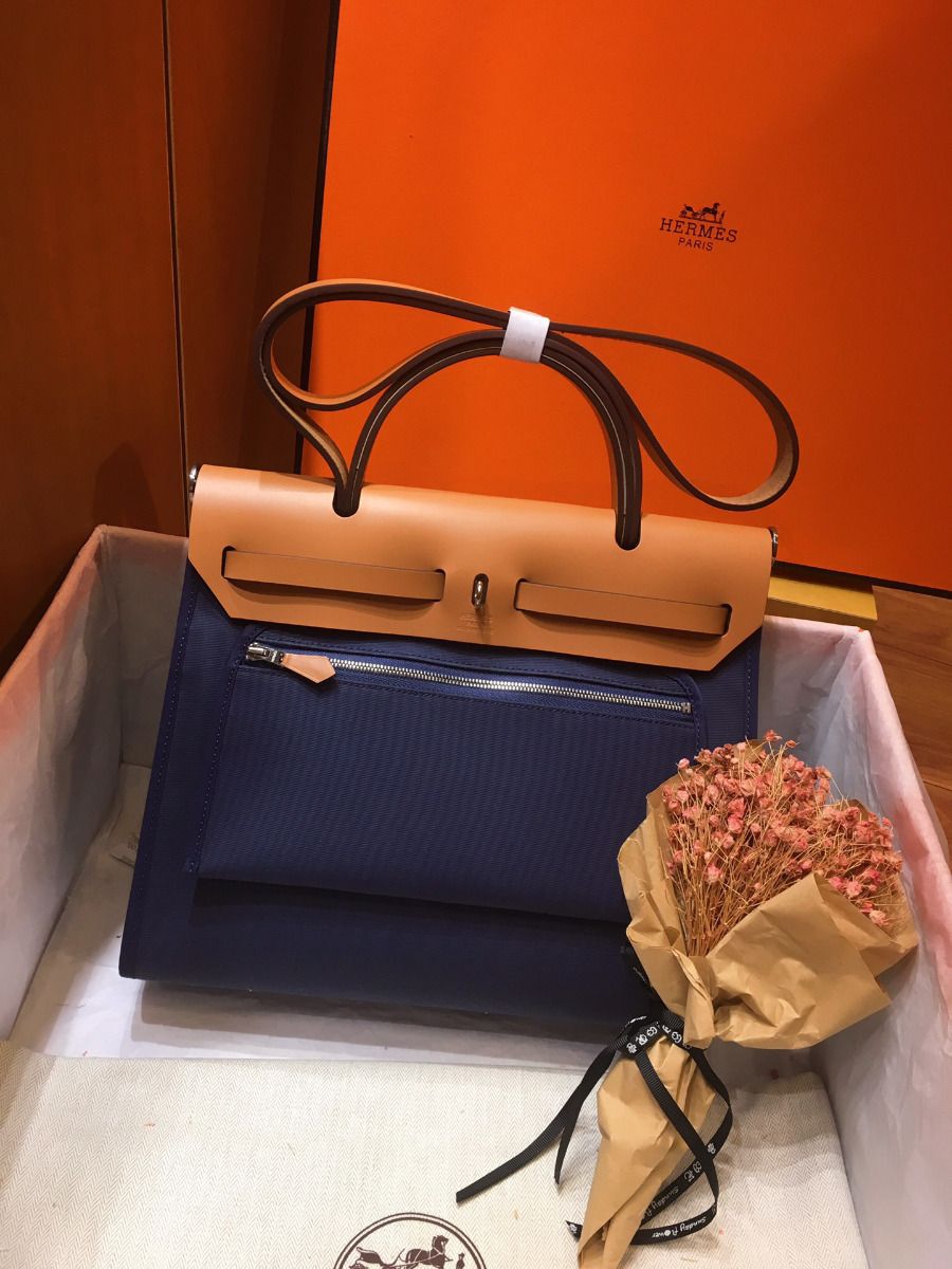 Hermes Herbag Zip 31cm Bag In Brown And Blue - Image 3