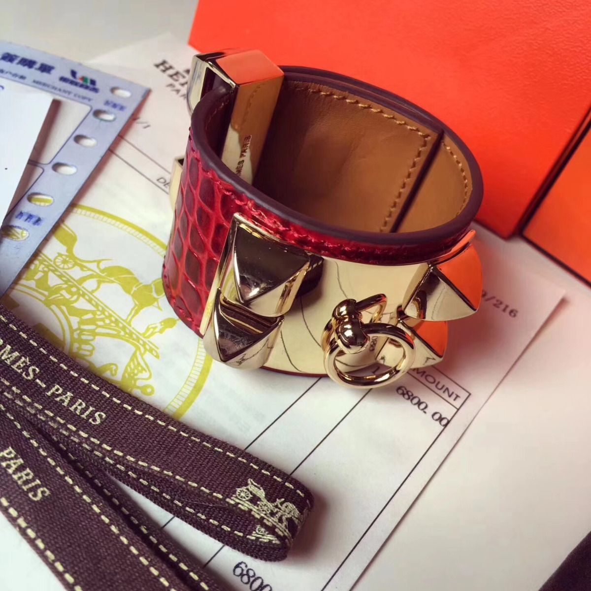 Hermes Red Crocodile Collier de Chien Bracelet Size S - Image 3