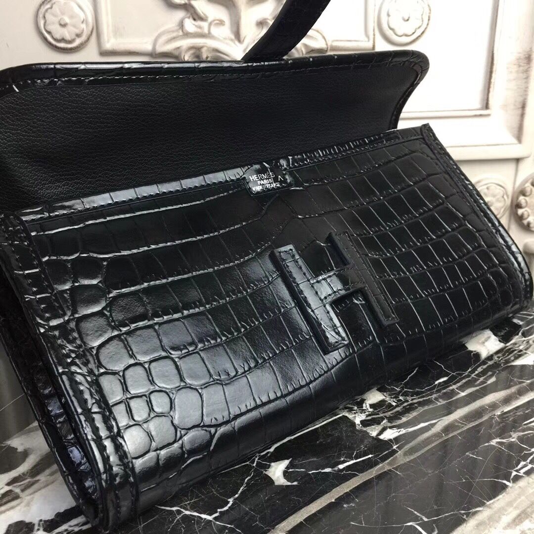 Hermes Jige Elan 29 Clutch In Black Crocodile Leather - Image 7
