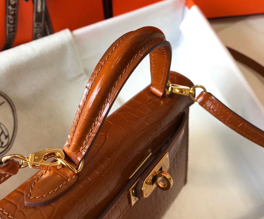 Hermes Kelly Mini II Handmade Bag In Brown Crocodile Embossed Leather - Image 6