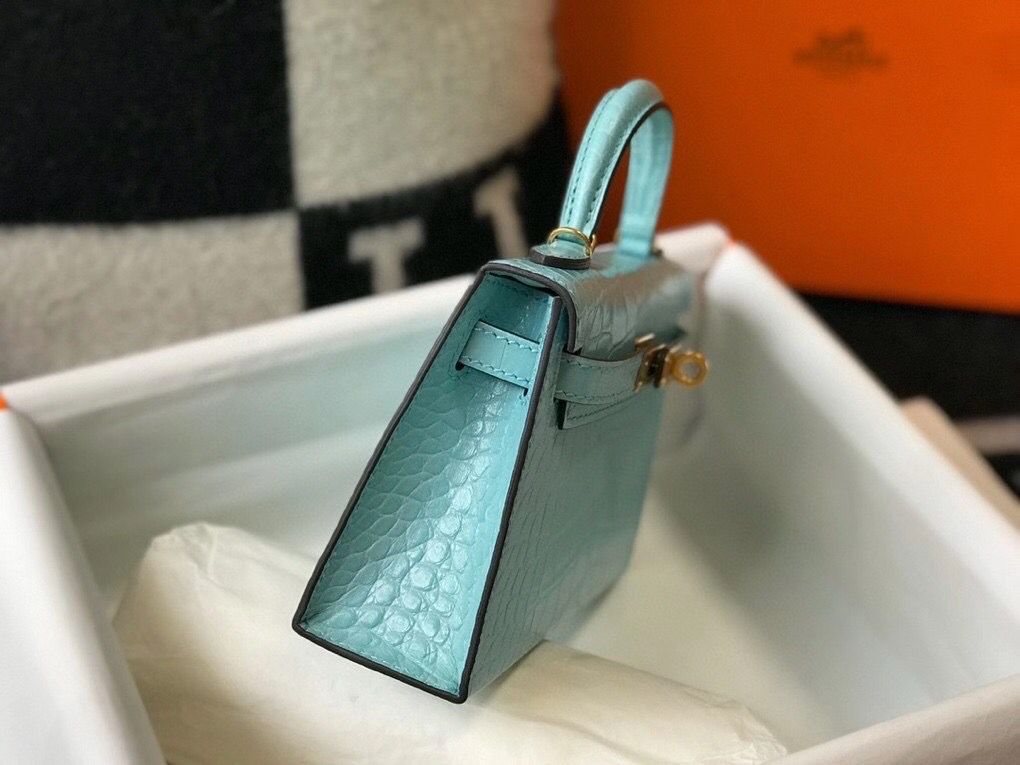 Hermes Kelly Mini II Bag In Blue Atoll Embossed Crocodile Leather - Image 4