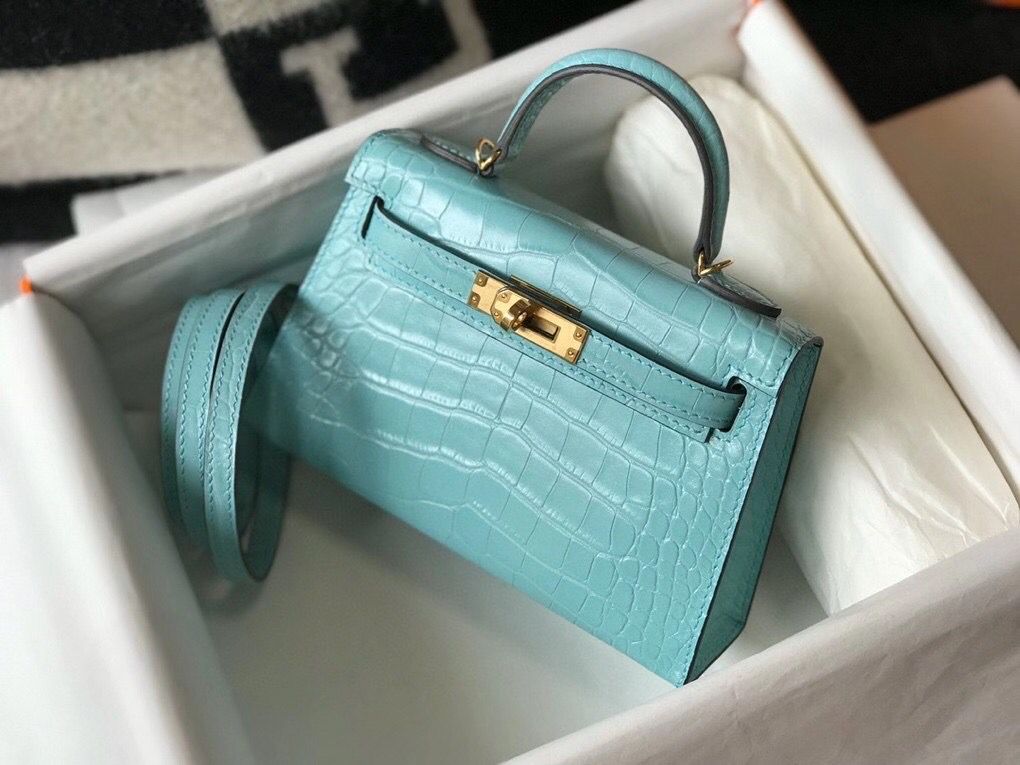 Hermes Kelly Mini II Bag In Blue Atoll Embossed Crocodile Leather - Image 5
