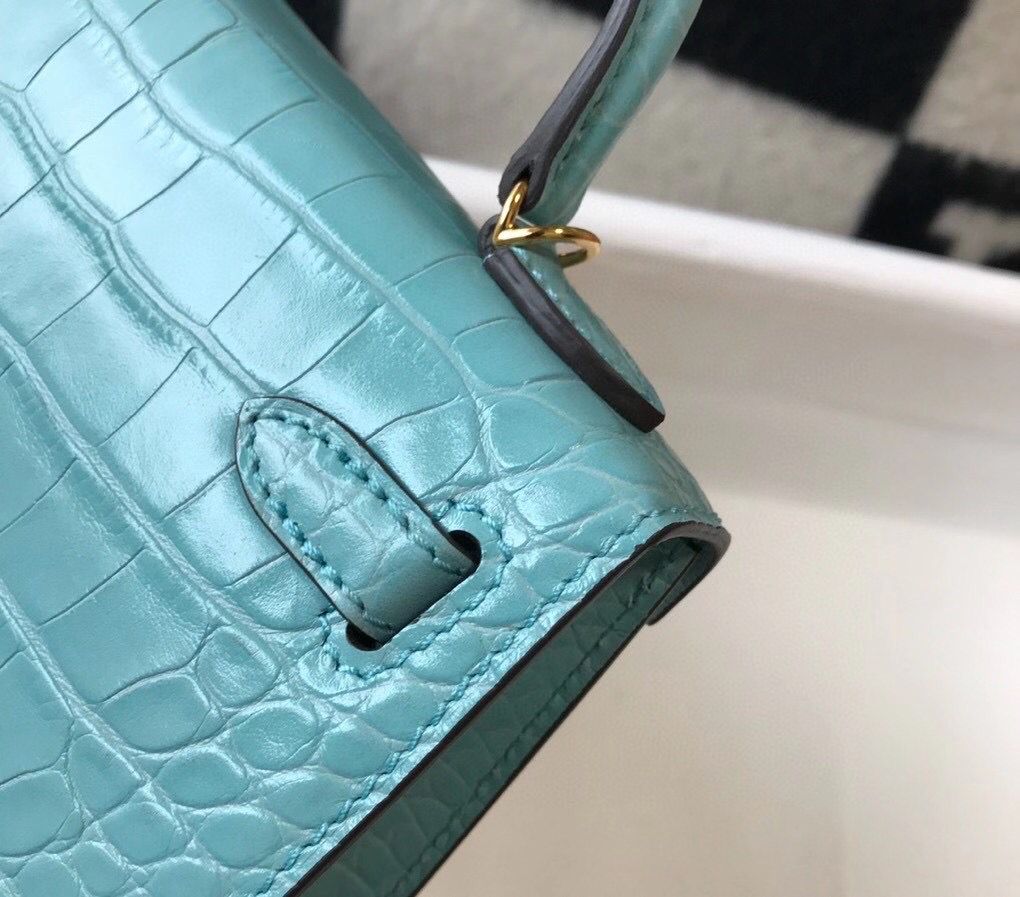 Hermes Kelly Mini II Bag In Blue Atoll Embossed Crocodile Leather - Image 8
