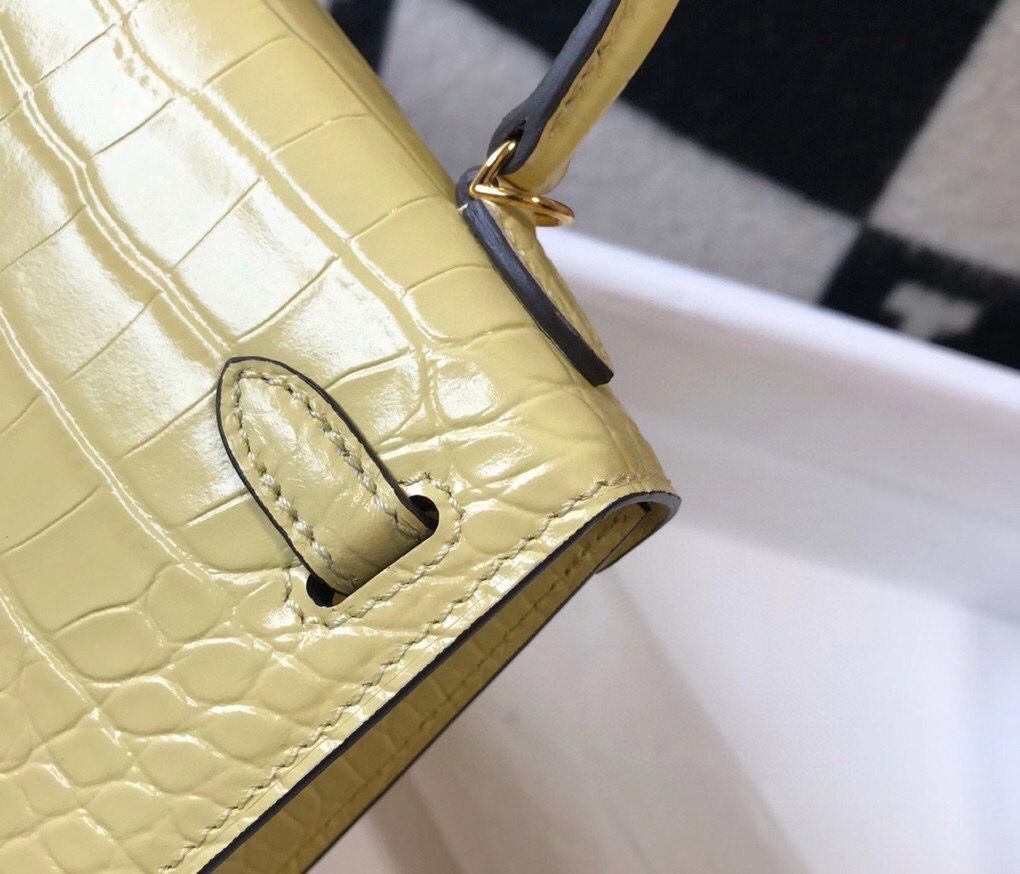 Hermes Kelly Mini II Bag In Jaune Poussin Embossed Crocodile Leather - Image 8