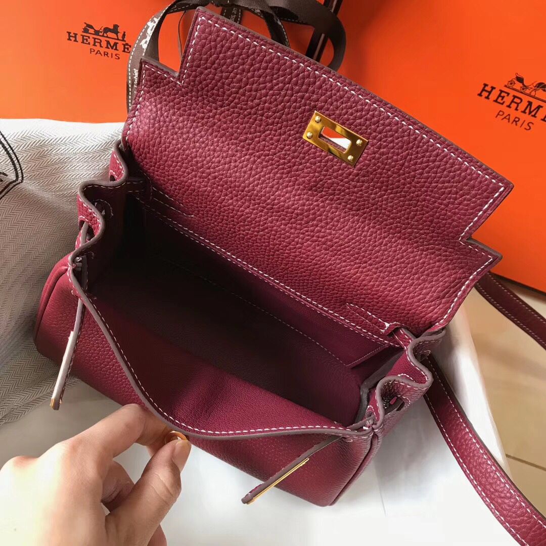 Hermes Kelly 20cm Bag In Bordeaux lemence Leather GHW - Image 9