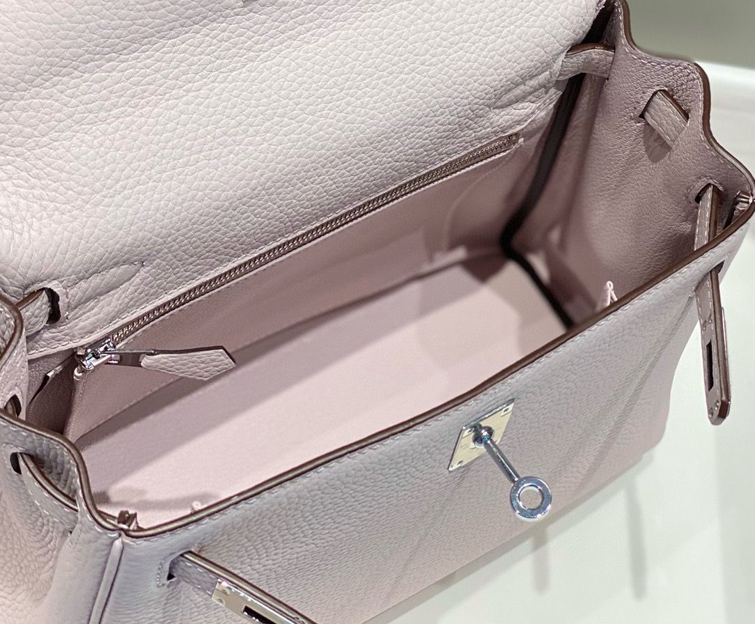 Hermes Kelly 25cm Retourne Bag In Mauve Pale Clemence Leather - Image 10