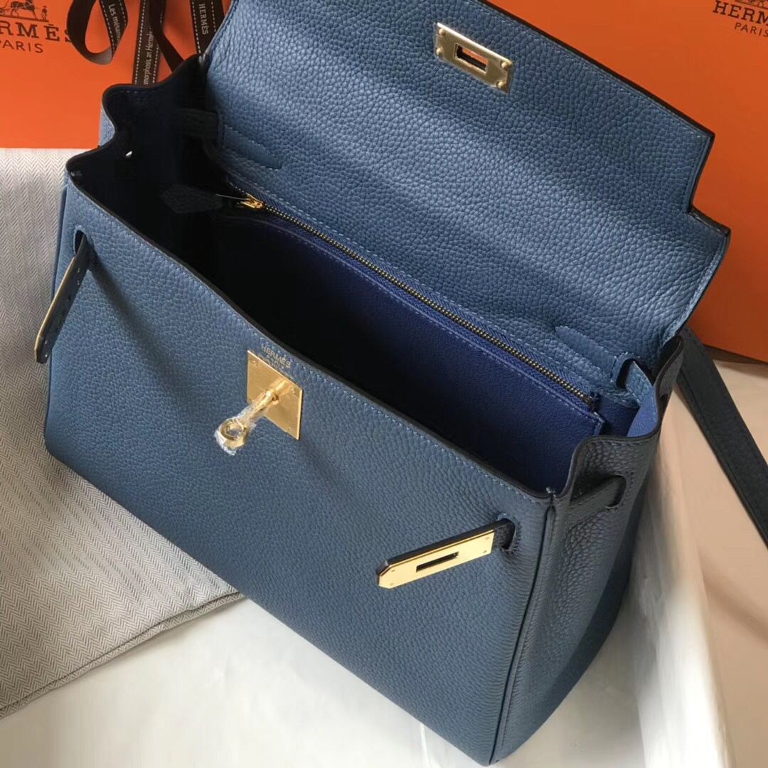 Hermes Kelly 28cm Bag In Blue Agate Clemence Leather GHW - Image 9