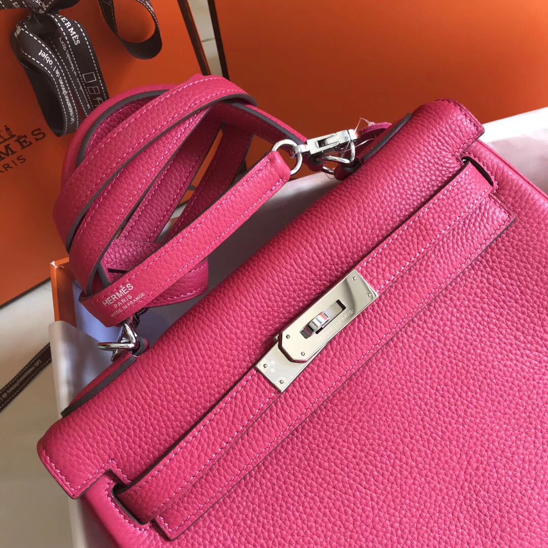Hermes Kelly 28cm Bag In Rose Red Clemence Leather PHW - Image 8