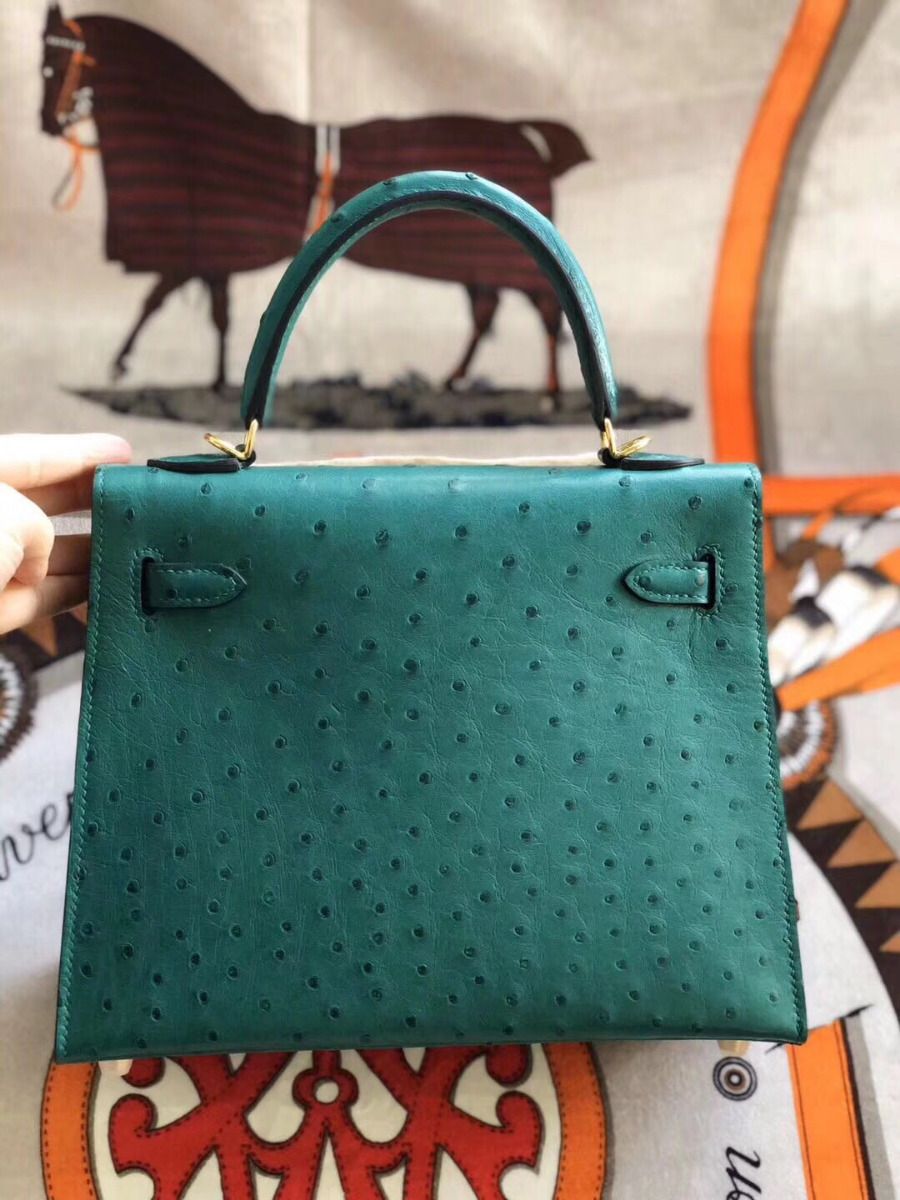 Hermes Kelly 25cm Handmade Bag In Vert Vertigo Ostrich Skin - Image 3