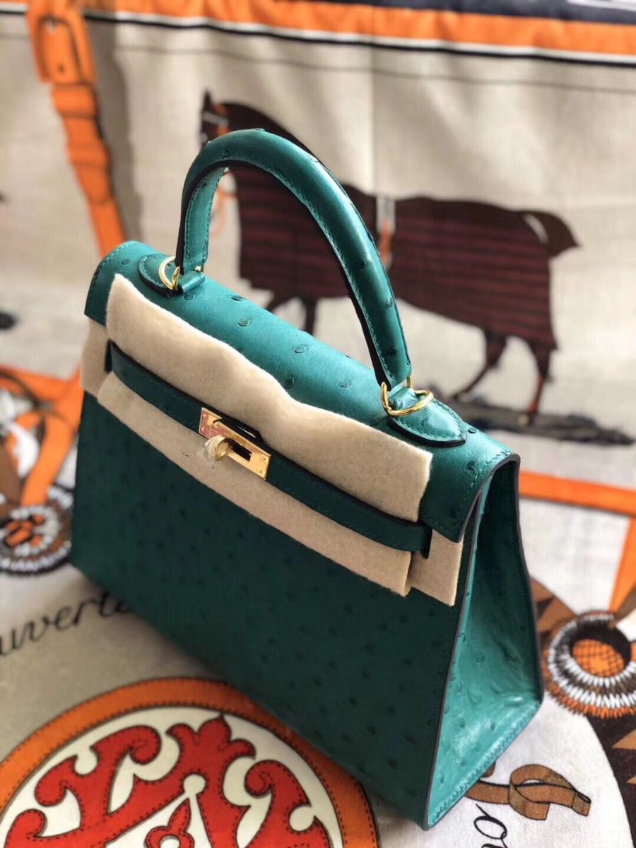 Hermes Kelly 25cm Handmade Bag In Vert Vertigo Ostrich Skin - Image 4