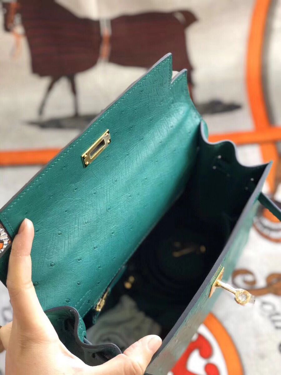 Hermes Kelly 25cm Handmade Bag In Vert Vertigo Ostrich Skin - Image 6