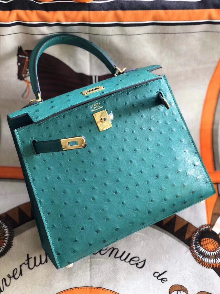 Hermes Kelly 25cm Handmade Bag In Vert Vertigo Ostrich Skin - Image 8