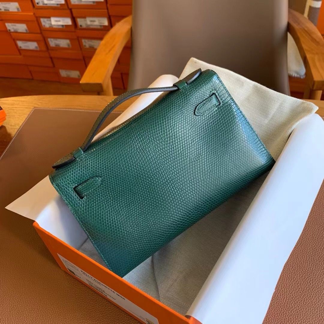 Hermes Kelly Pochette Handmade Bag in Vert Emeraud Lizard Skin - Image 3