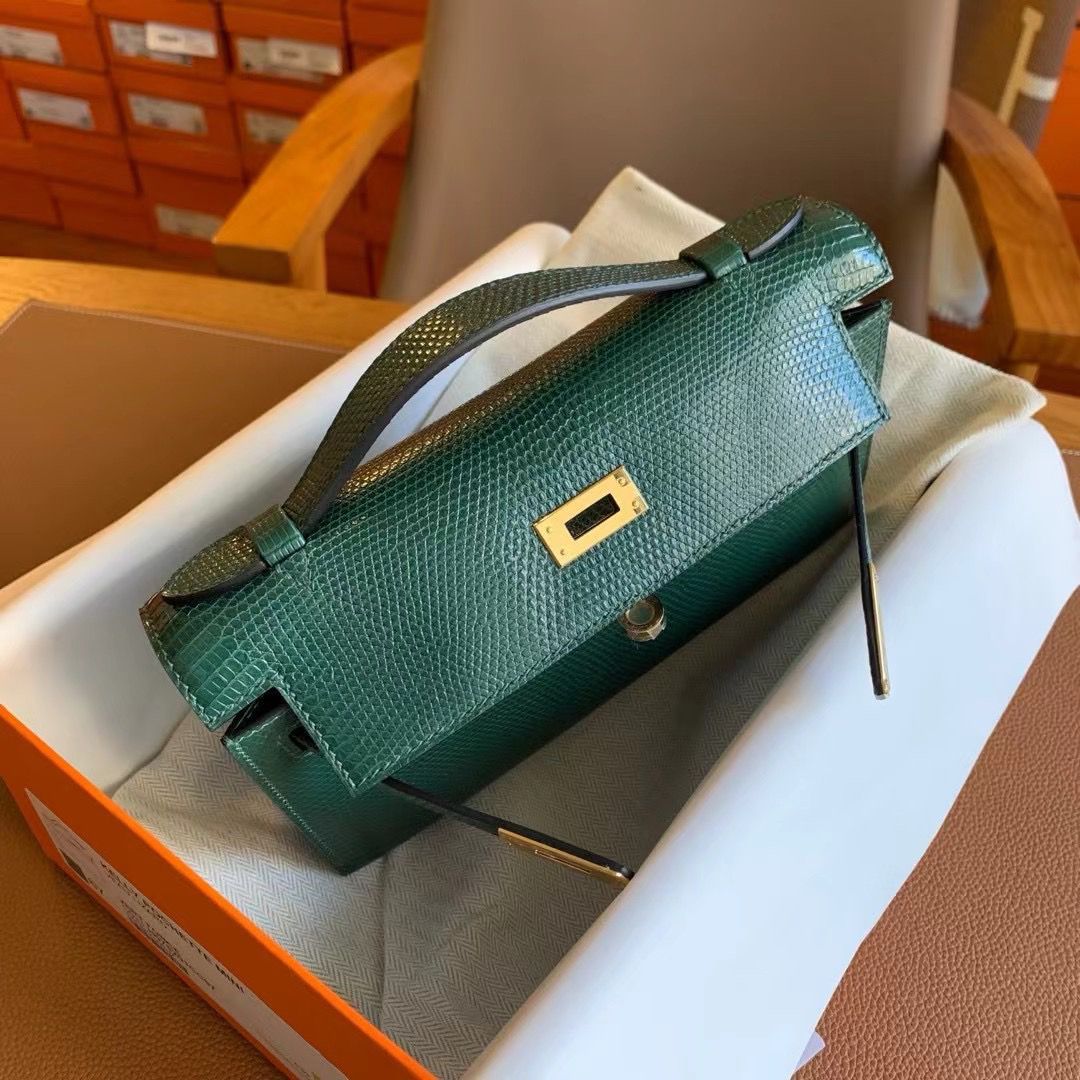 Hermes Kelly Pochette Handmade Bag in Vert Emeraud Lizard Skin - Image 6