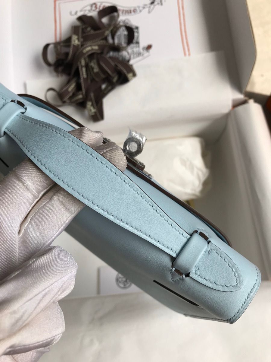 Hermes Kelly Pochette Handmade Bag In Blue Brume Swift Calfskin - Image 6