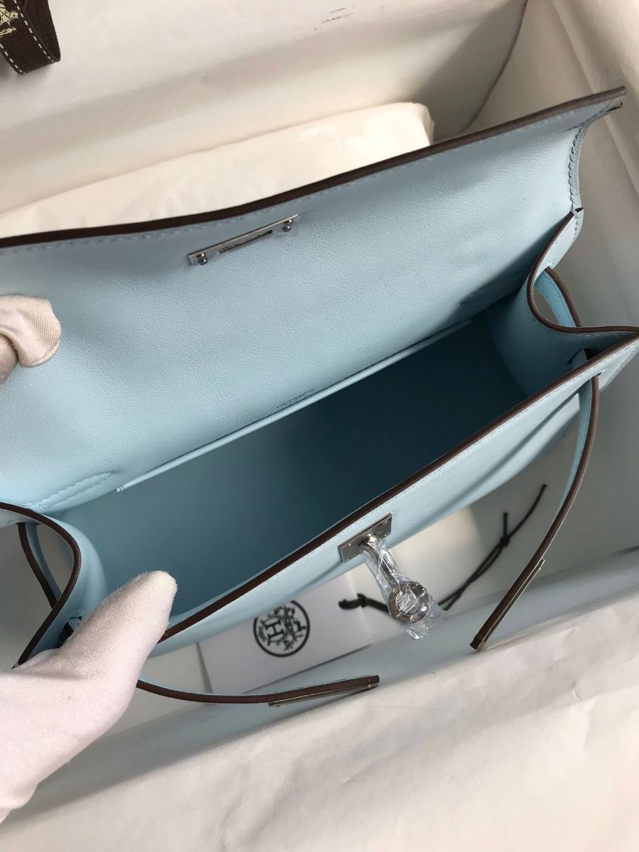 Hermes Kelly Pochette Handmade Bag In Blue Brume Swift Calfskin - Image 8