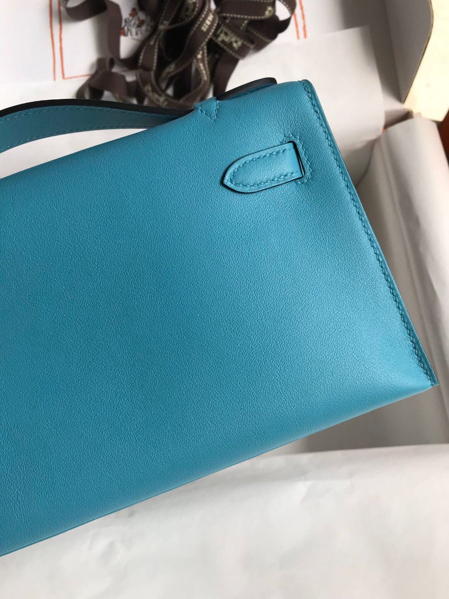 Hermes Kelly Pochette Handmade Bag In Blue du Nord Swift Calfskin - Image 6