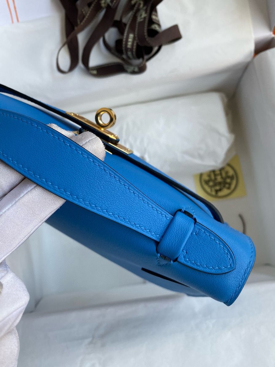 Hermes Kelly Pochette Handmade Bag In Blue Zanzibar Swift Calfskin - Image 7