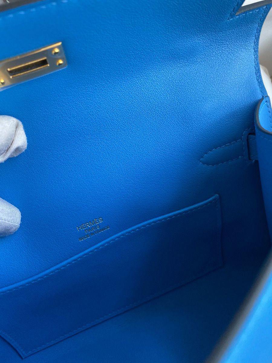 Hermes Kelly Pochette Handmade Bag In Blue Zanzibar Swift Calfskin - Image 10