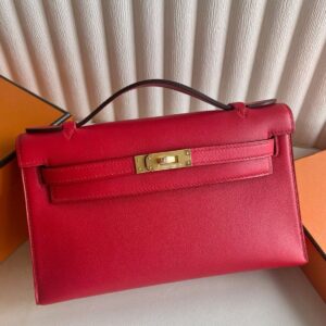 Hermes Kelly Pochette Handmade Bag in Red Swift Calfskin