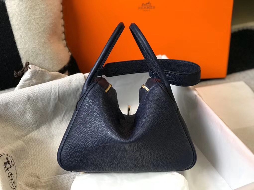 Hermes Lindy 26cm Bag In Navy Blue Clemence Leather GHW - Image 3
