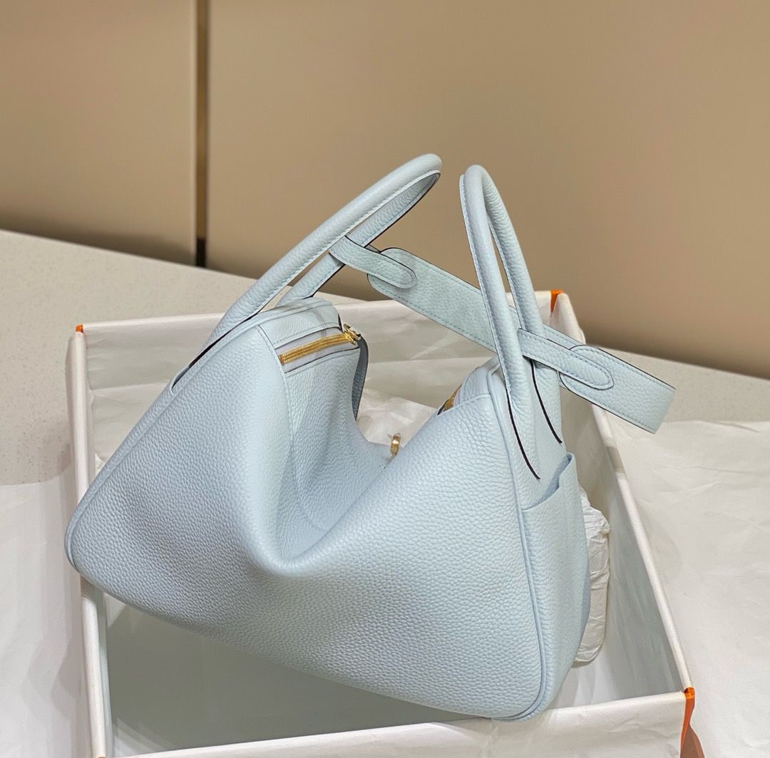Hermes Lindy 30cm Bag In Blue Brume Clemence Leather GHW - Image 6