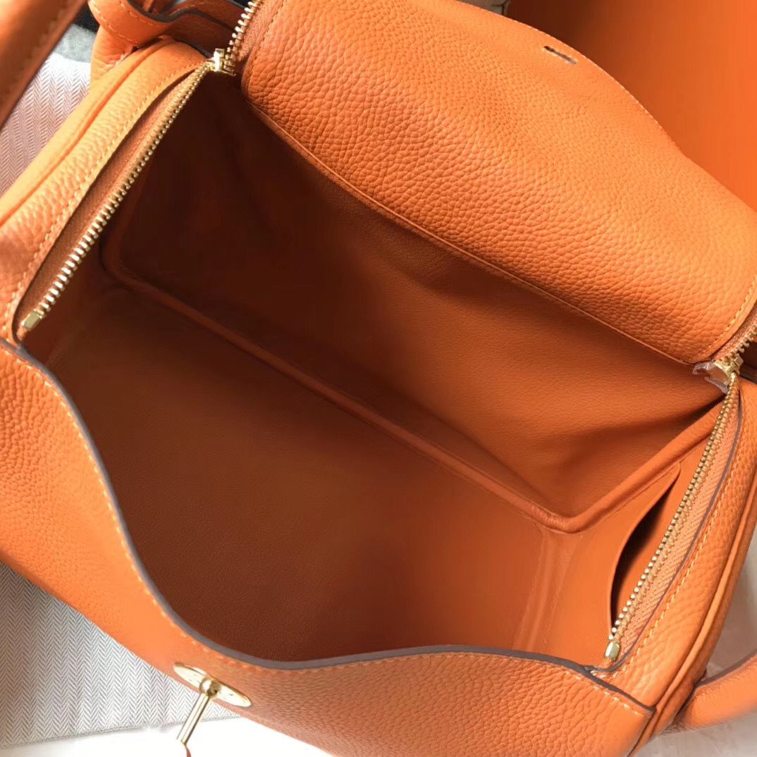 Hermes Lindy 30cm Bag In Orange Clemence Leather GHW - Image 9