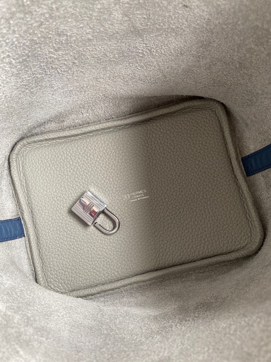 Hermes Picotin Lock 18 Bicolor Handmade Bag in Gris Mouette and Blue Agate Swift Leather - Image 7