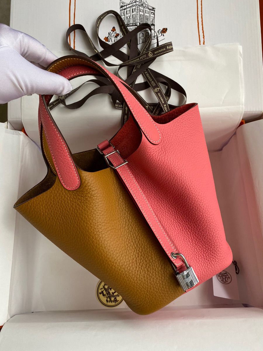 Hermes Picotin Lock 18 Bicolor Handmade Bag in Sesame and Rose Azalee Clemence Leather - Image 3