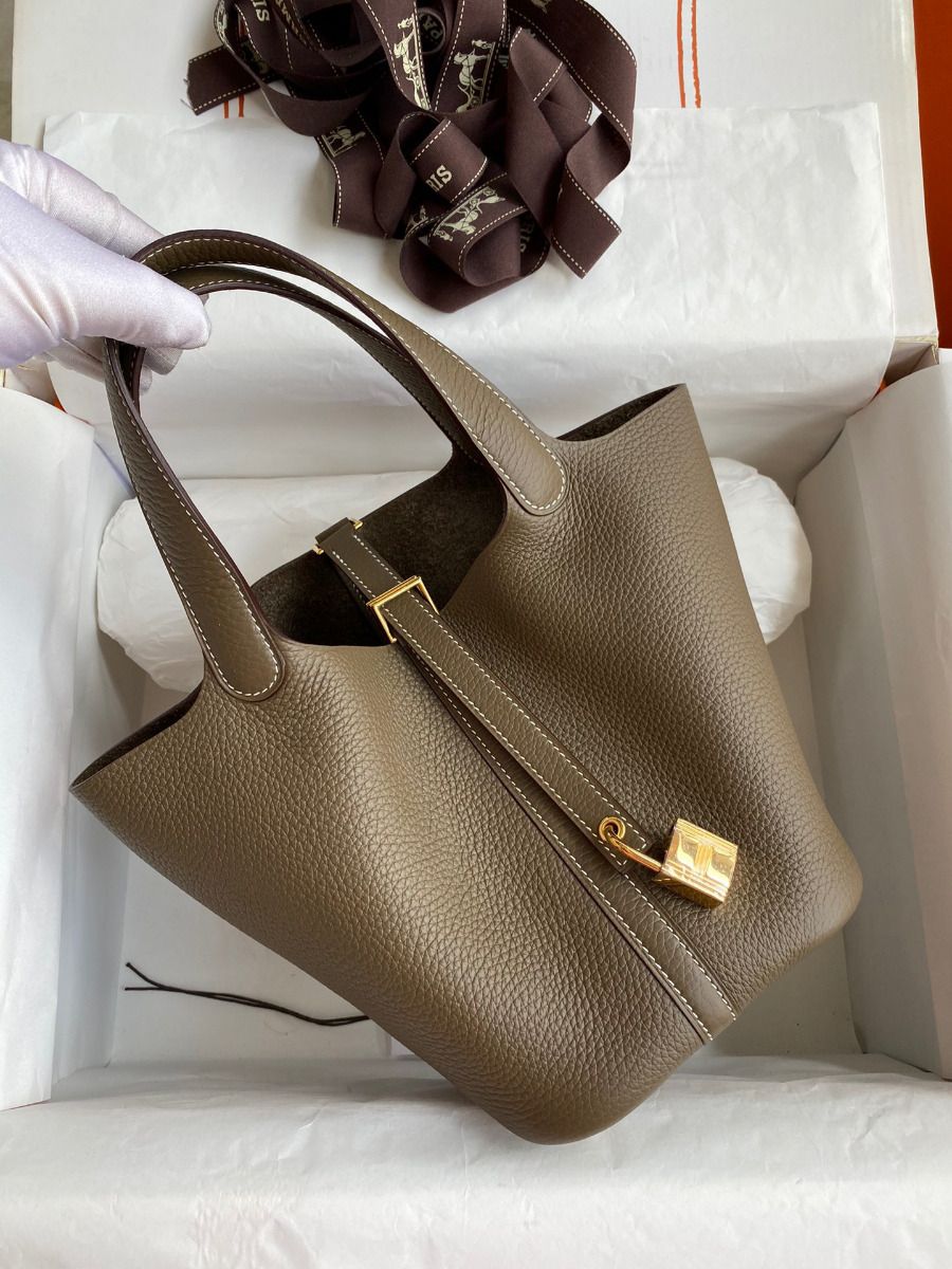 Hermes Picotin Lock 18 Handmade Bag in Taupe Clemence Leather - Image 3