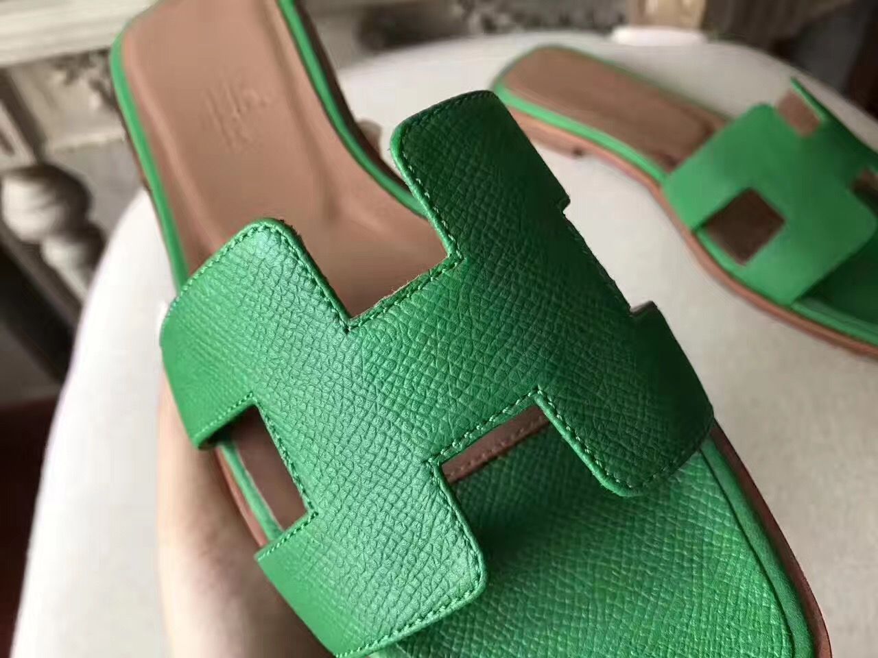 Hermes Oran Sandals In Bamboo Epsom Leather - Image 6