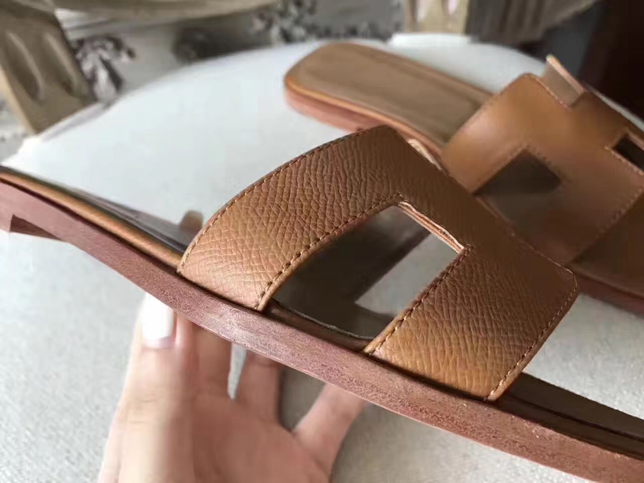 Hermes Oran Sandals In Brown Epsom Leather - Image 9