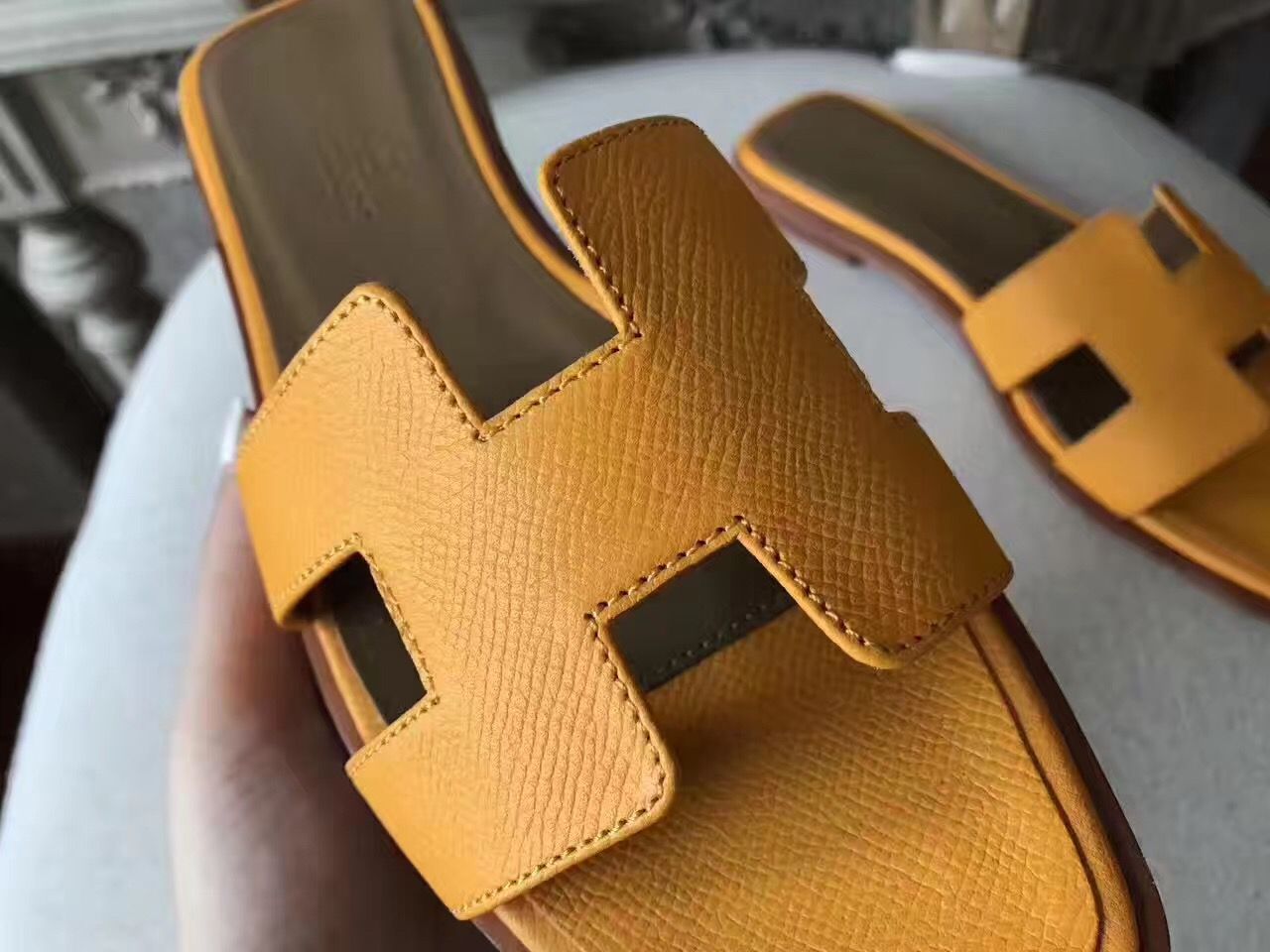 Hermes Oran Sandals In Jaune Epsom Leather - Image 7