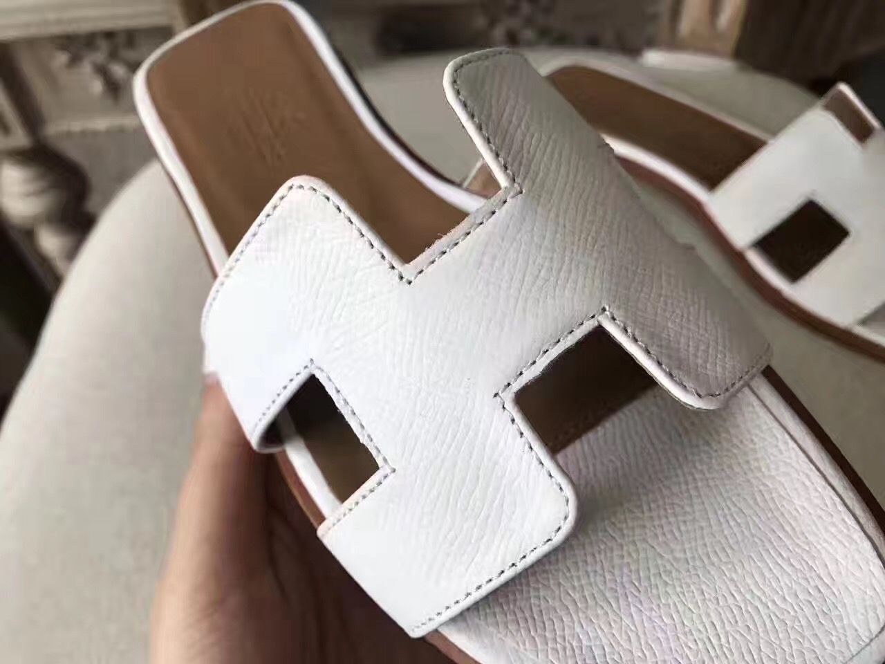 Hermes Oran Sandals In White Epsom Leather - Image 7