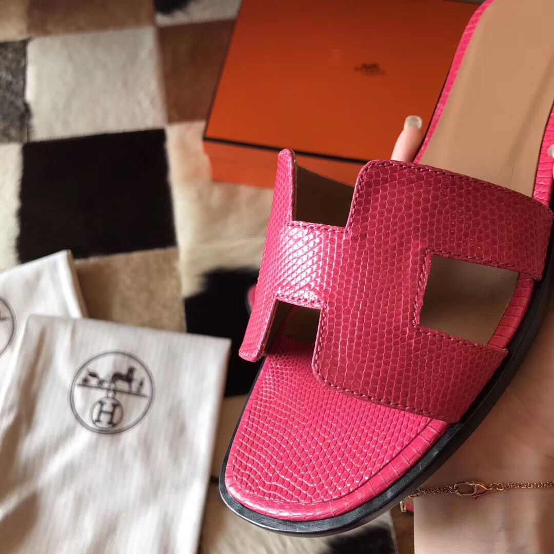 Hermes Oran Sandals In Rose Red Lizard Leather - Image 5