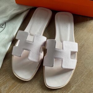 Hermes Oran Slide Sandals in Mauve Pale Epsom Calfskin