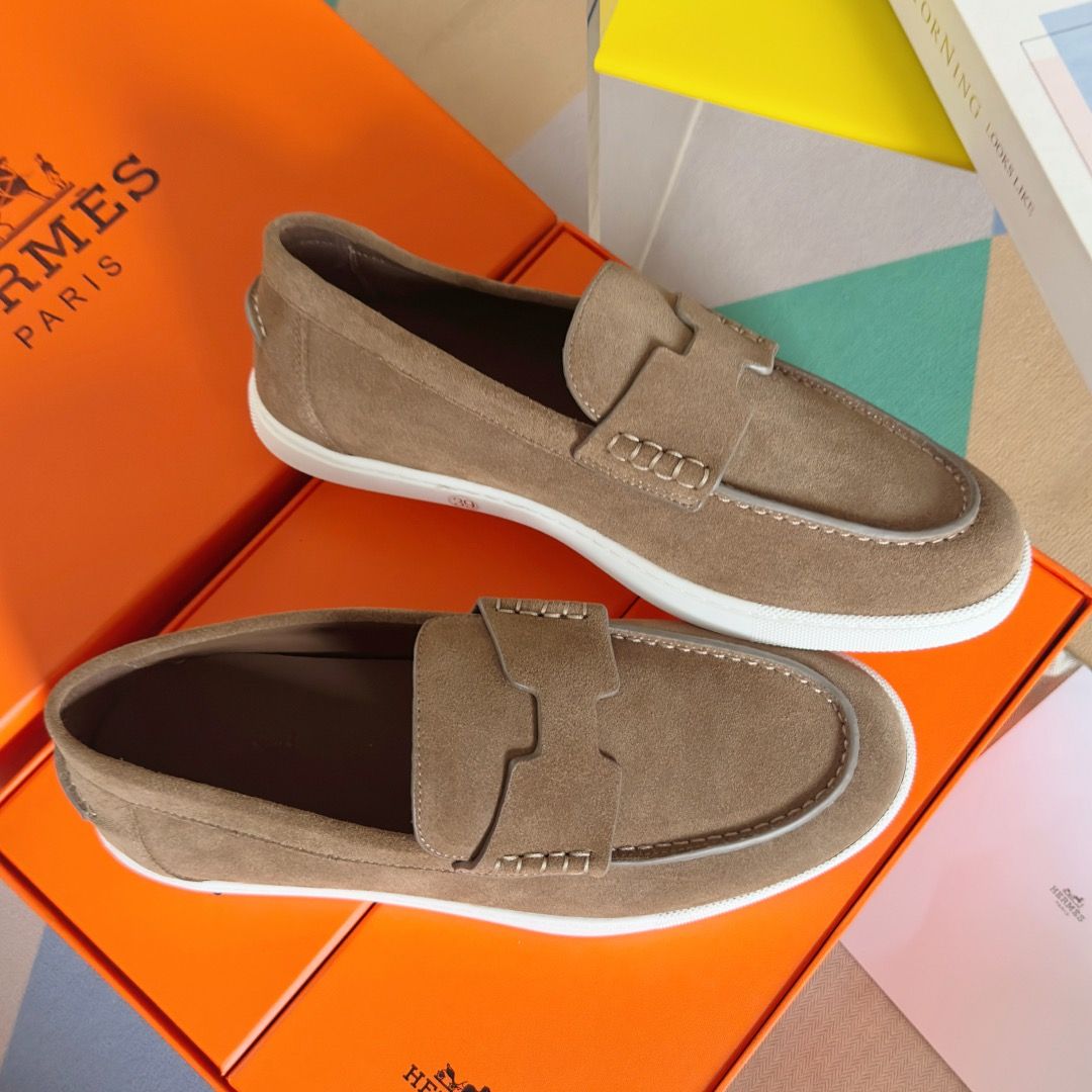 Hermes Men's Job Loafers in Etoupe Suede Calfskin - Image 8