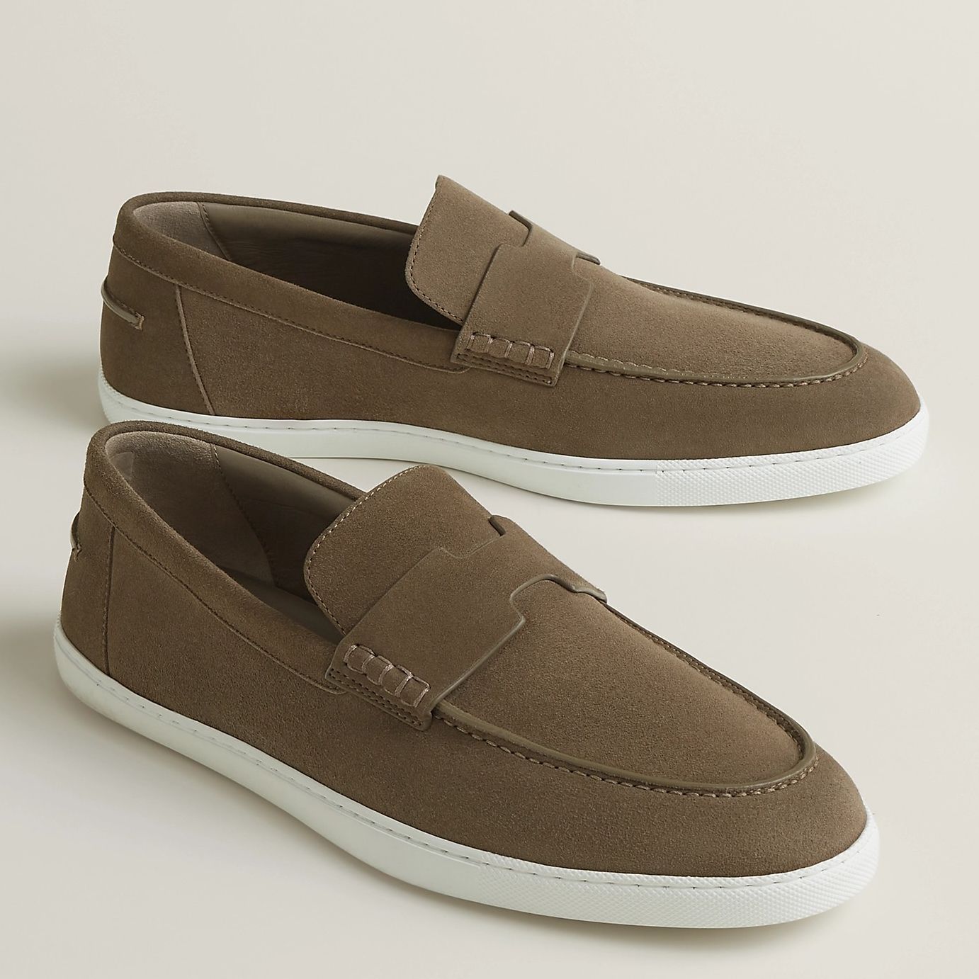 Hermes Men's Job Loafers in Etoupe Suede Calfskin