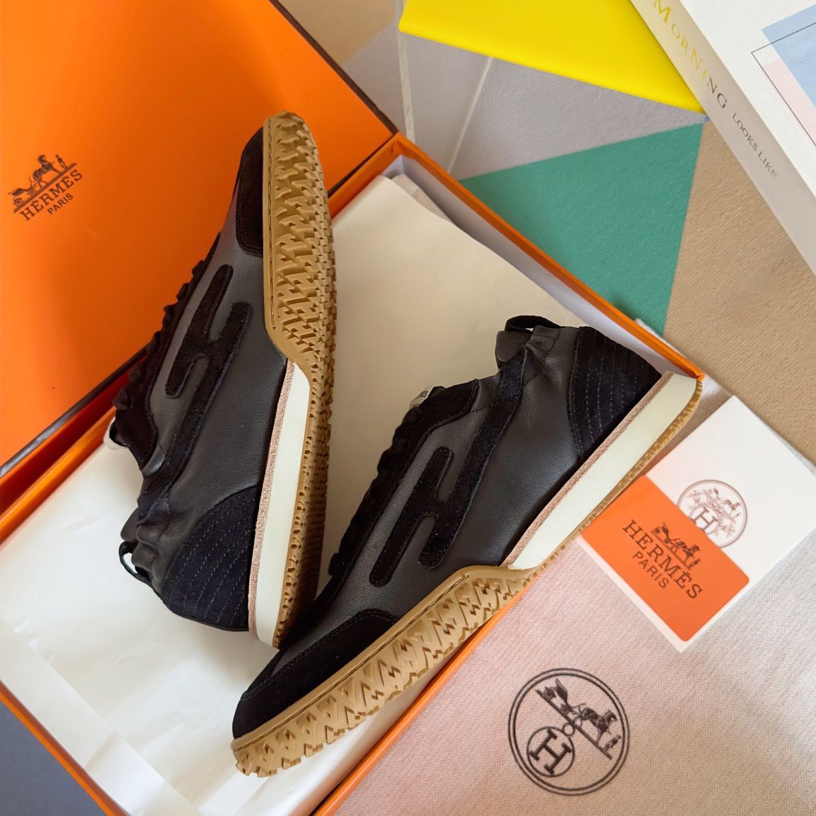 Hermes Men's Jet Sneakers in Black Nappa Leather - Image 7