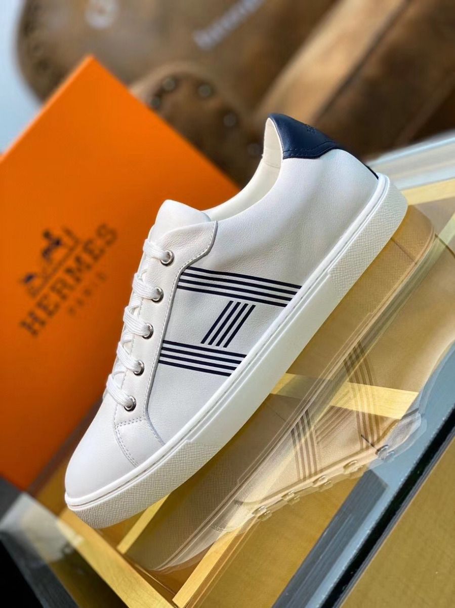 Hermes Men's Avantage Sneakers In White/Blue Calfskin - Image 4