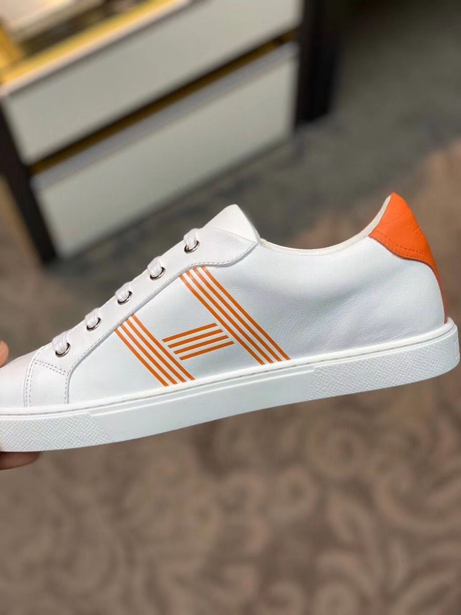 Hermes Men's Avantage Sneakers In White/Orange Calfskin - Image 7